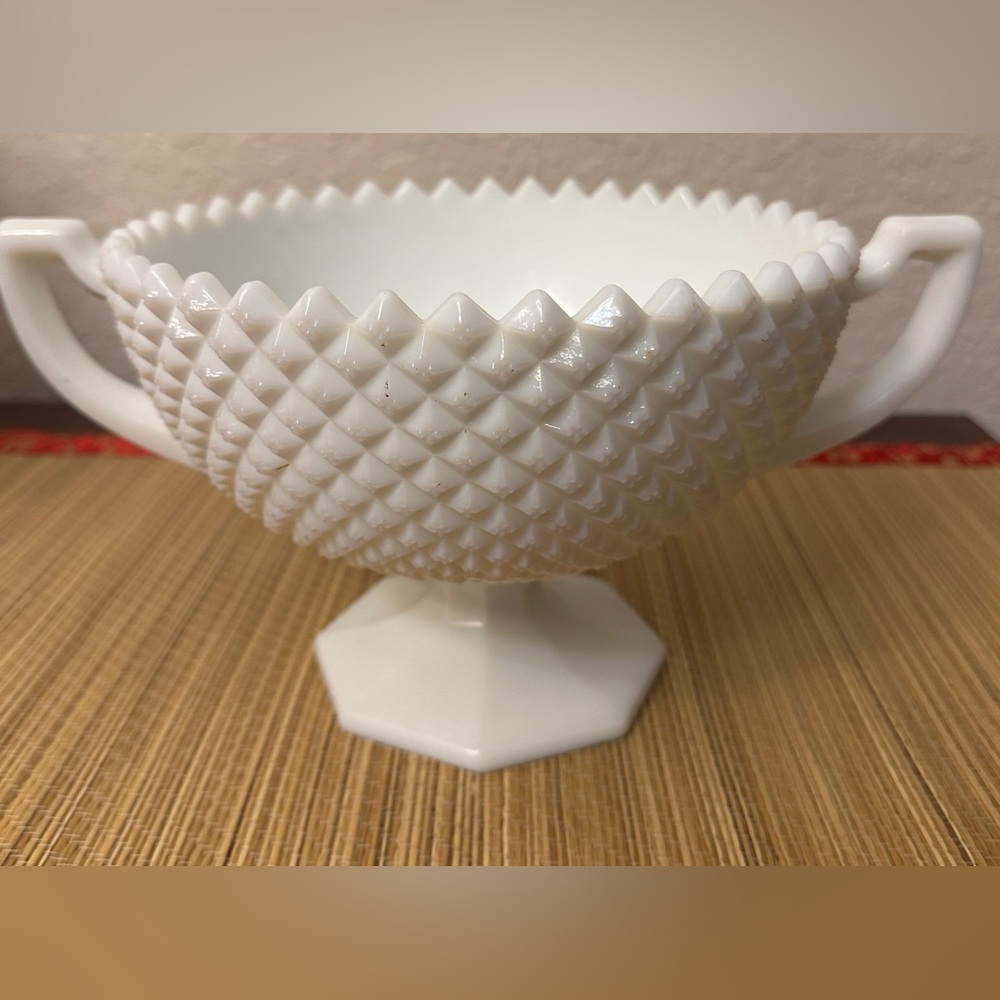 Westmoreland Milk Glass English Hobnail Diamond Cut Compote Bowl 8” D